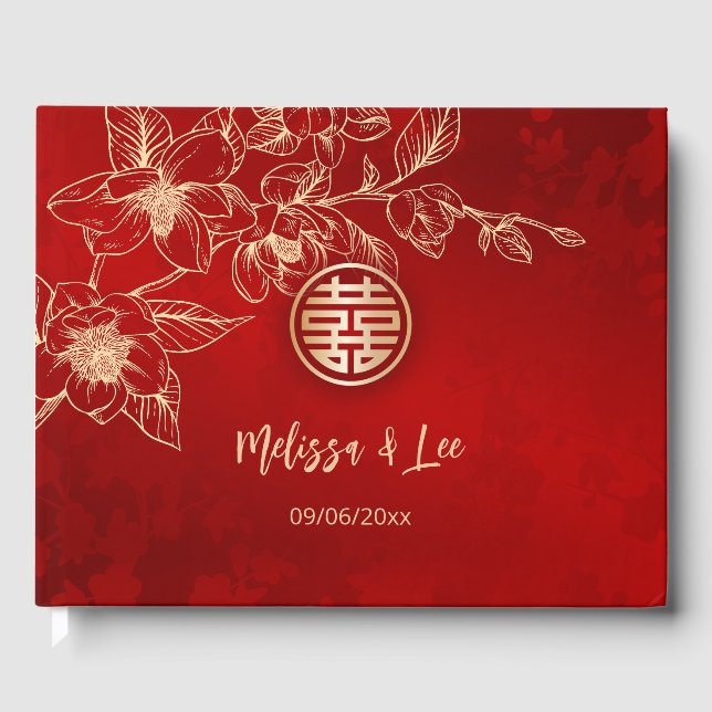 Magnolia Red Gold Chinese Wedding Guest Book (Front)