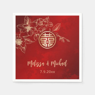 Magnolia Red Gold Chinese Wedding Napkins