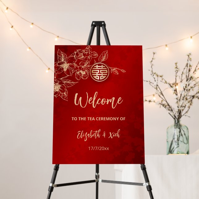 Magnolia Red Gold Chinese Wedding Welcome Foam Board (In Situ (Stand))