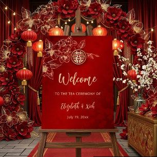 Magnolia Red Gold Chinese Wedding Welcome Foam Board