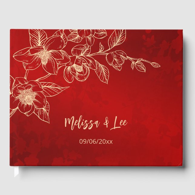 Magnolia Red Gold Christmas Wedding Guest Book (Front)