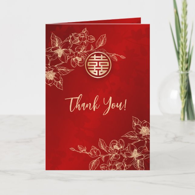 Magnolia Red Gold Photo Chinese Wedding Thank You Card (Front)