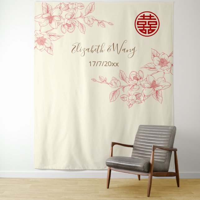Magnolia Red Pink Cream Chinese Backdrop (In Situ)