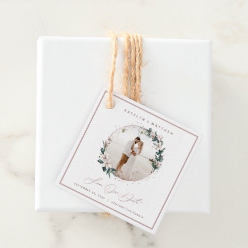 Magnolia  Rose Gold Circle Photo Save The Date Favor Tags