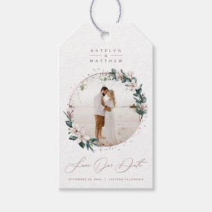 Magnolia & Rose Gold Circle Photo Save The Date Gift Tags