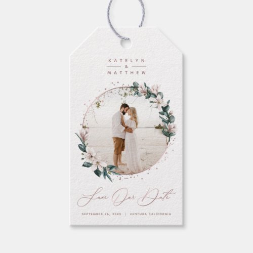 Magnolia  Rose Gold Circle Photo Save The Date Gift Tags