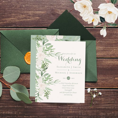 Magnolia Roses Sage Floral Wedding Invites BUDGET