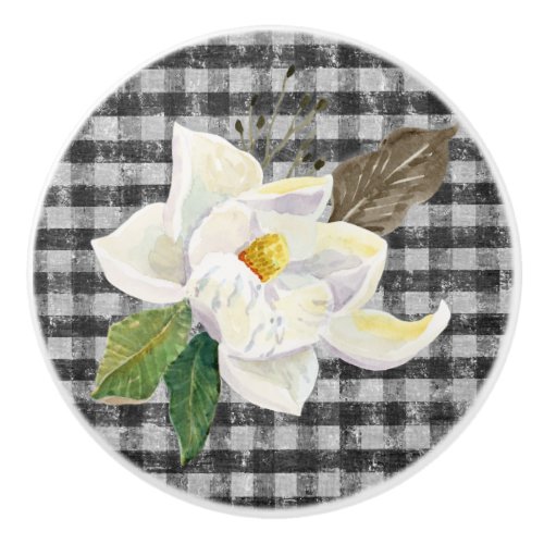 Magnolia Rustic Farmhouse Black n White Gingham Ceramic Knob