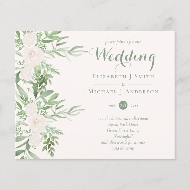 Magnolia Sage Green Floral Wedding Invites BUDGET (Front)