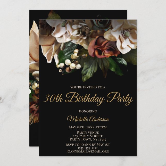 Magnolia Top Gold and Black Floral Birthday Invitation (Front/Back)