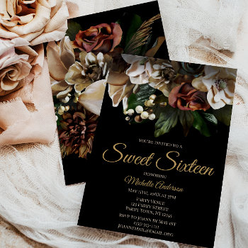 Magnolia Top Gold And Black Floral Sweet Sixteen Invitation by MaggieMart at Zazzle