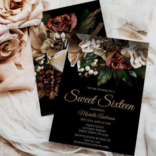 Magnolia Top Gold and Black Floral Sweet Sixteen Invitation