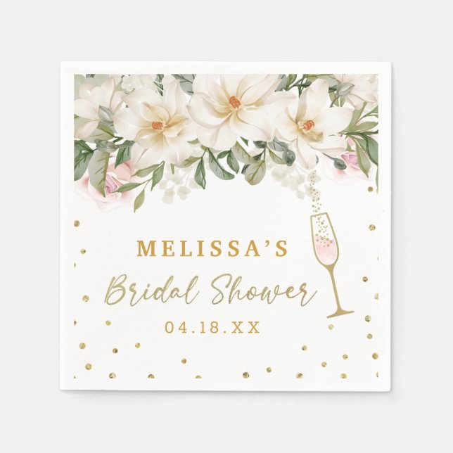 Magnolia Watercolor Champagne Glass Bridal Shower Napkins (Front)