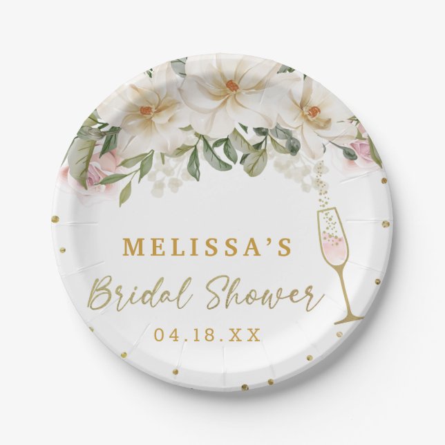 Magnolia Watercolor Champagne Glass Bridal Shower Paper Plates (Front)