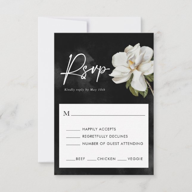 Magnolia Wedding Black and White RSVP Card (Front)