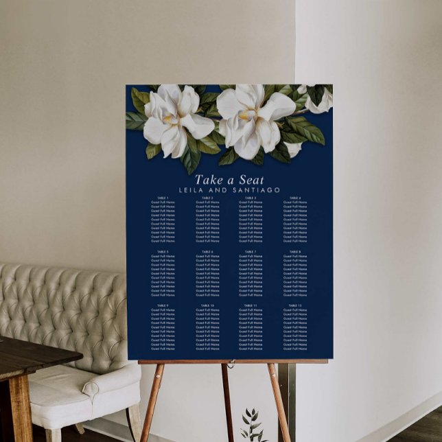 Magnolia Wedding Blue Seating Chart Foam Board (Magnolia Blue and White Wedding Seating Chart)