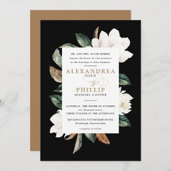 Magnolia Wedding Invitation | Black by blush_printables at Zazzle