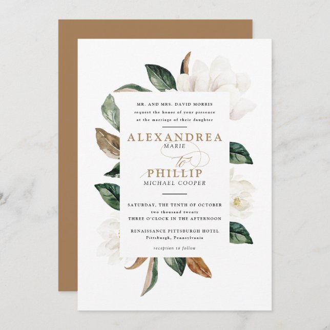 Magnolia Wedding Invitation | White (Front/Back)