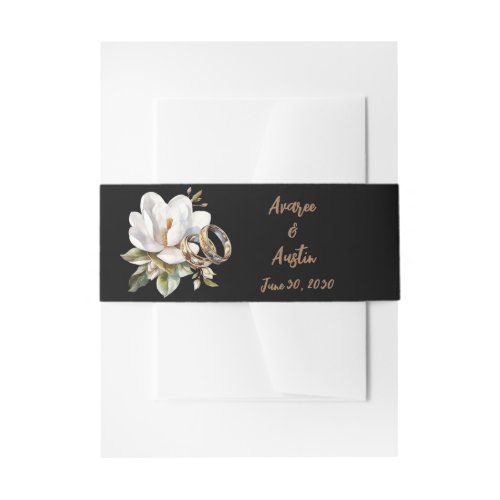 Magnolia Wedding Rings Gold and Black Invitation Belly Band