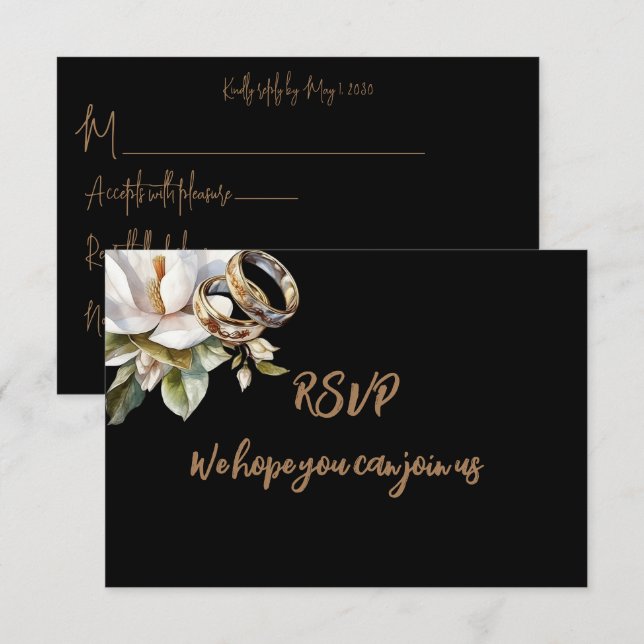 Magnolia Wedding Rings Gold and Black RSVP Card (Front/Back)