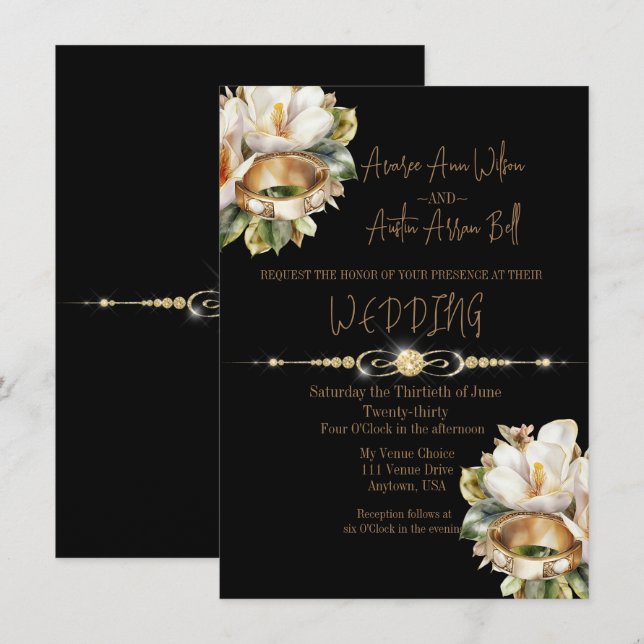 Magnolia Wedding Rings Gold and Black Wedding Invitation (Front/Back)