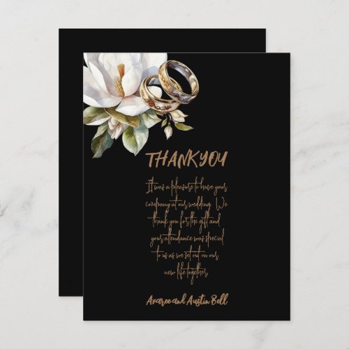 Magnolia Wedding Rings Gold and Black Wedding Thank You Card