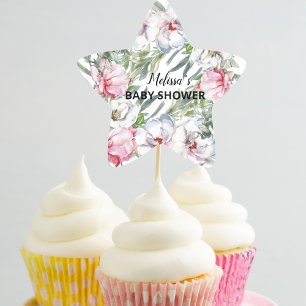 Magnolia White Blush Pink Floral Cupcake Toppers Star Sticker