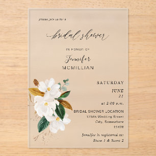 Magnolia White Floral Bridal Shower Acrylic Invitations