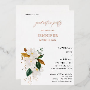 Magnolia White Floral Gradauation Party Foil Invitation