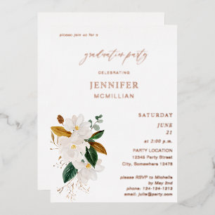 Magnolia White Floral Gradauation Party Full Foil Invitation
