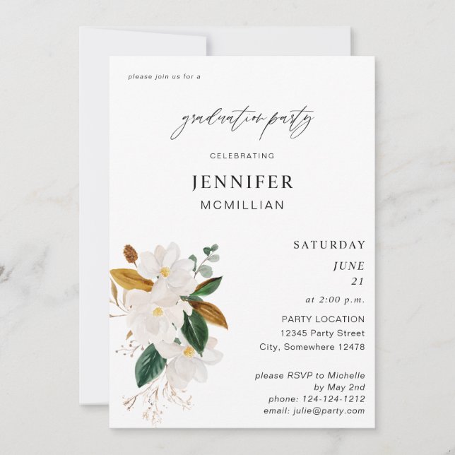 Magnolia White Floral Gradauation Party Invitation (Front)