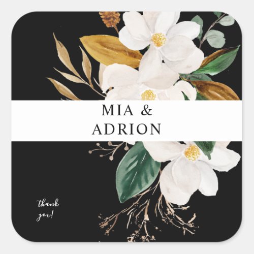 Magnolia White Floral Thank You _ bLACK Square Sticker