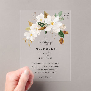 Magnolia White Floral Wedding Acrylic Invitations