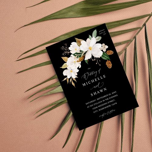 Magnolia White Floral Wedding _ Black Invitation