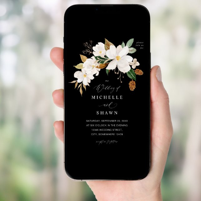 Magnolia White Floral Wedding - Black Invitation (Front Digital)