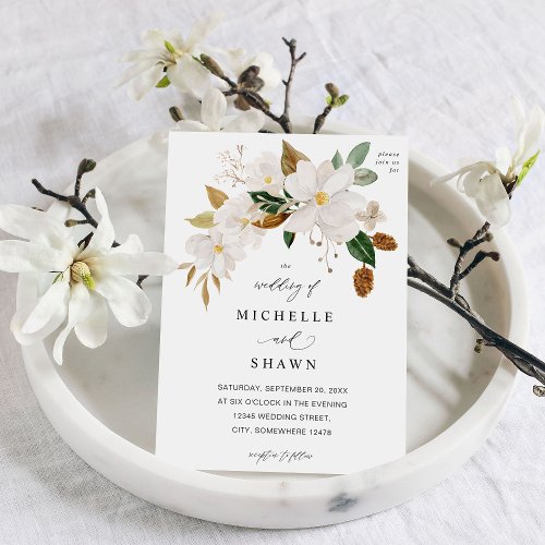 Magnolia White Floral Wedding Invitation