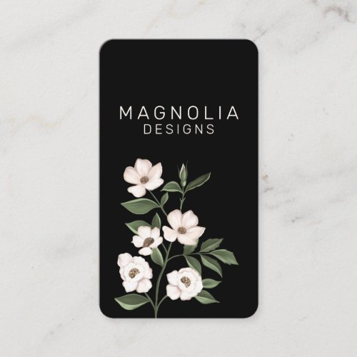 Magnolia White Flower Branch Illustration Black Business Card