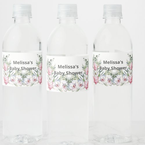 Magnolia white pink blush personalize water bottle label