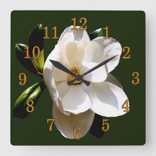 Magnolia with Gold Numerals Square Wall Clock