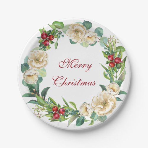 Magnolia Wreath and Berries Christmas Paper Plates