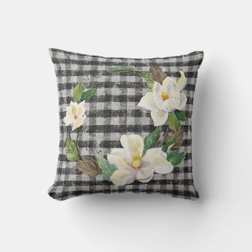 Magnolia Wreath Rustic Farmhouse Black White Check Throw Pillow