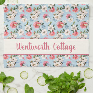 Magnolias and Carnations on Blue Personalized Kitchen Towel