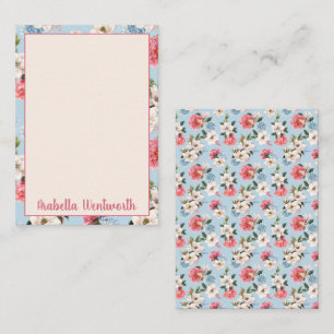 Magnolias and Carnations on Blue Personalized Note Card