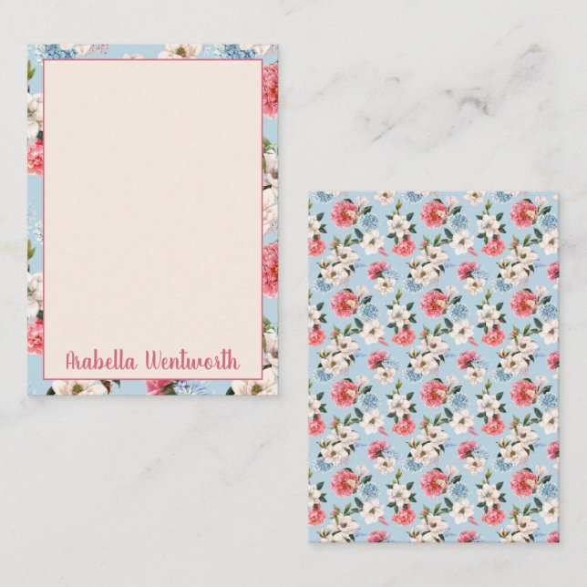 Magnolias and Carnations on Blue Personalized Note Card (Front/Back)