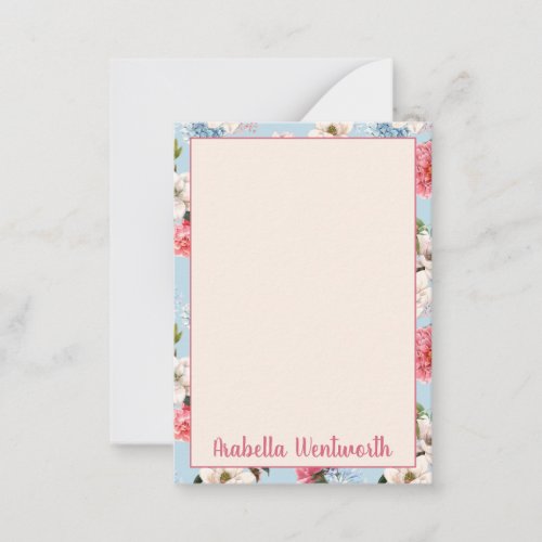 Magnolias and Carnations on Blue Personalized Note Card