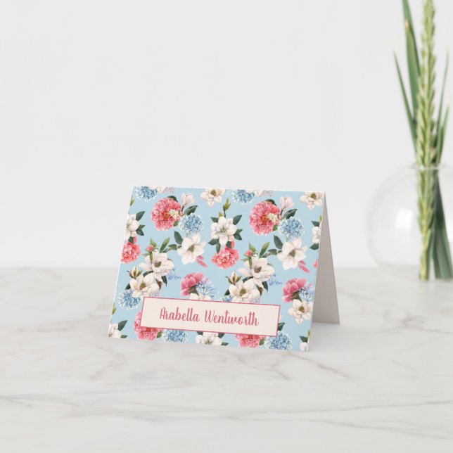 Magnolias and Carnations on Blue Personalized Note Card (Front)