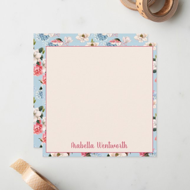 Magnolias and Carnations on Blue Personalized Note Card (Front/Back In Situ)