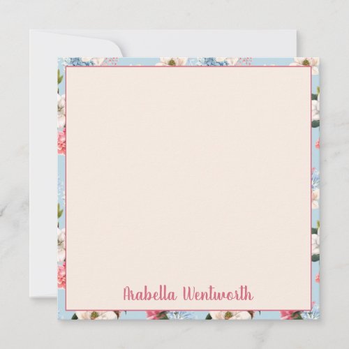 Magnolias and Carnations on Blue Personalized Note Card