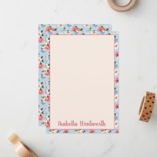 Magnolias and Carnations on Blue Personalized Note Card