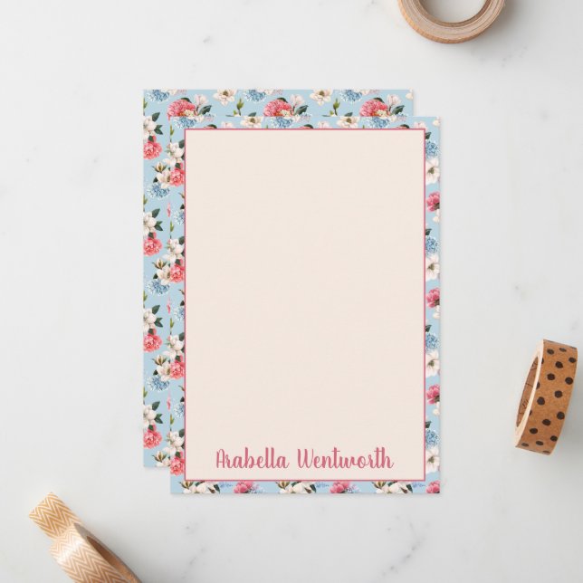 Magnolias and Carnations on Blue Personalized Note Card (Front/Back In Situ)